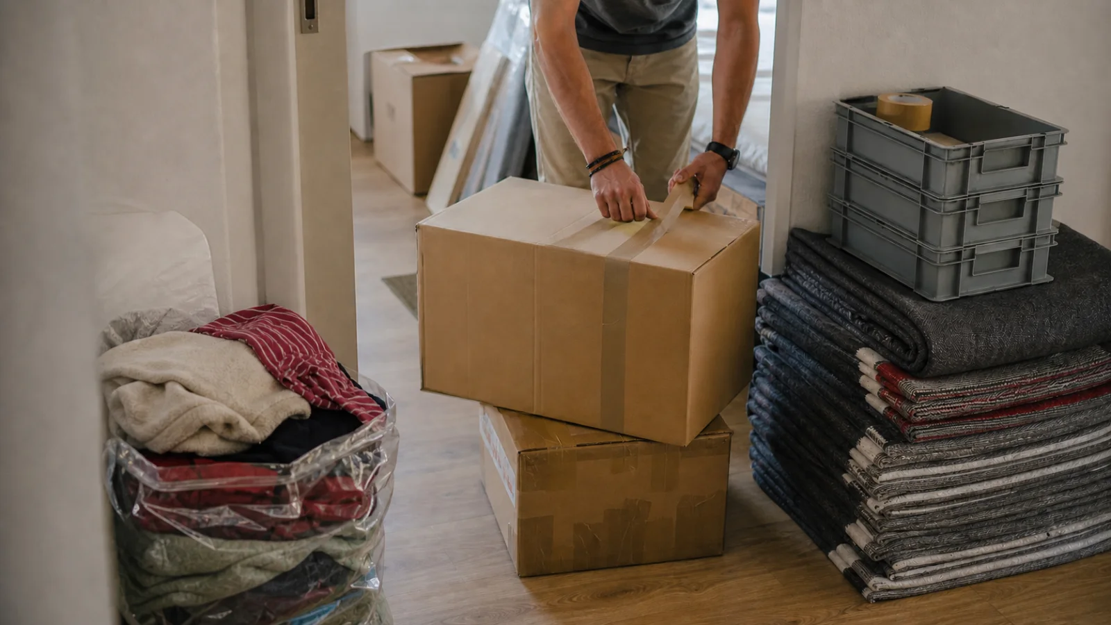 Wiederverwendbare Umzugsboxen und sorgfältig getrennte Gegenstände für einen nachhaltigeren Umzug.