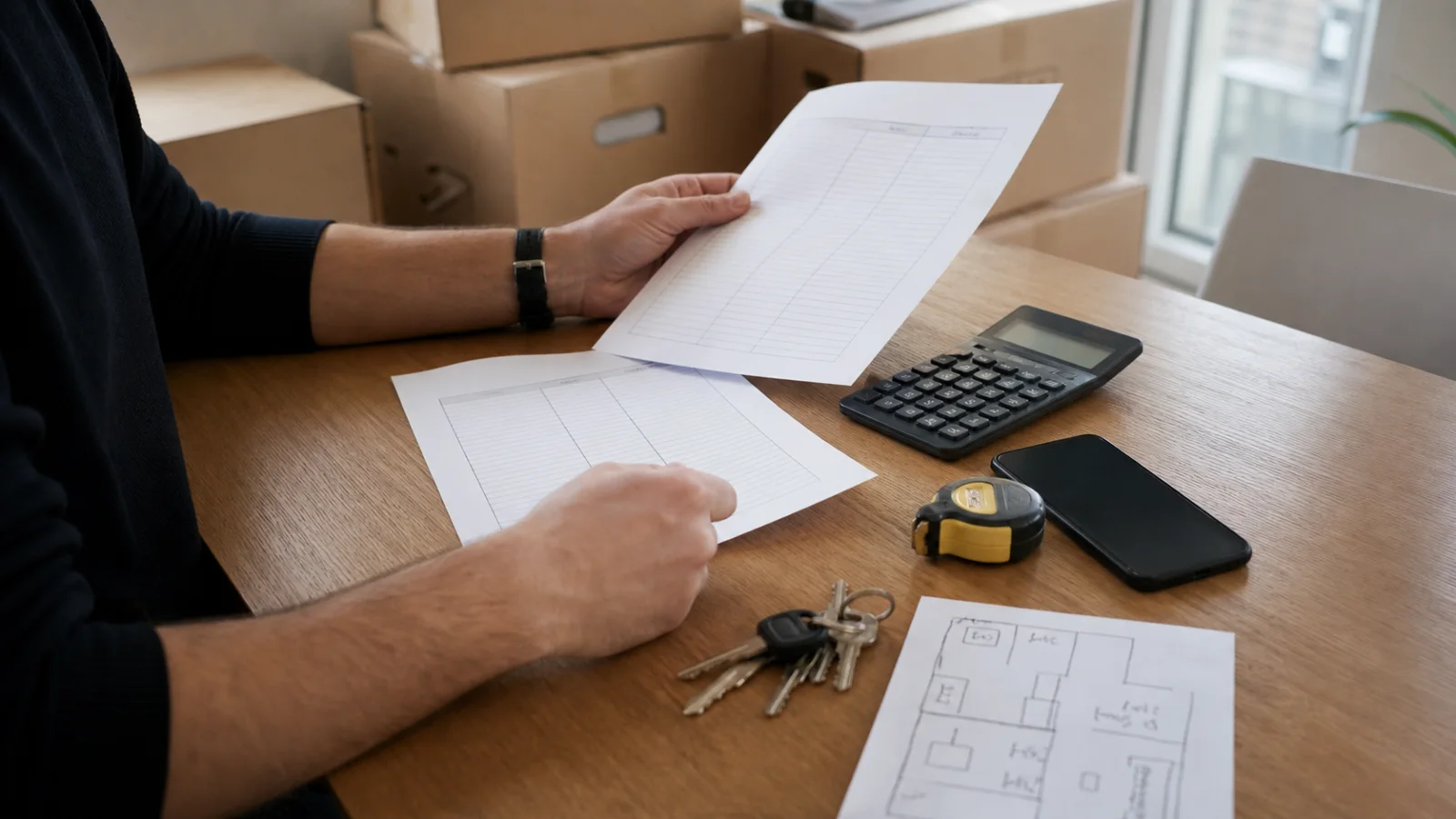 Inventarliste, Massband und Taschenrechner zur Planung der Umzugskosten.