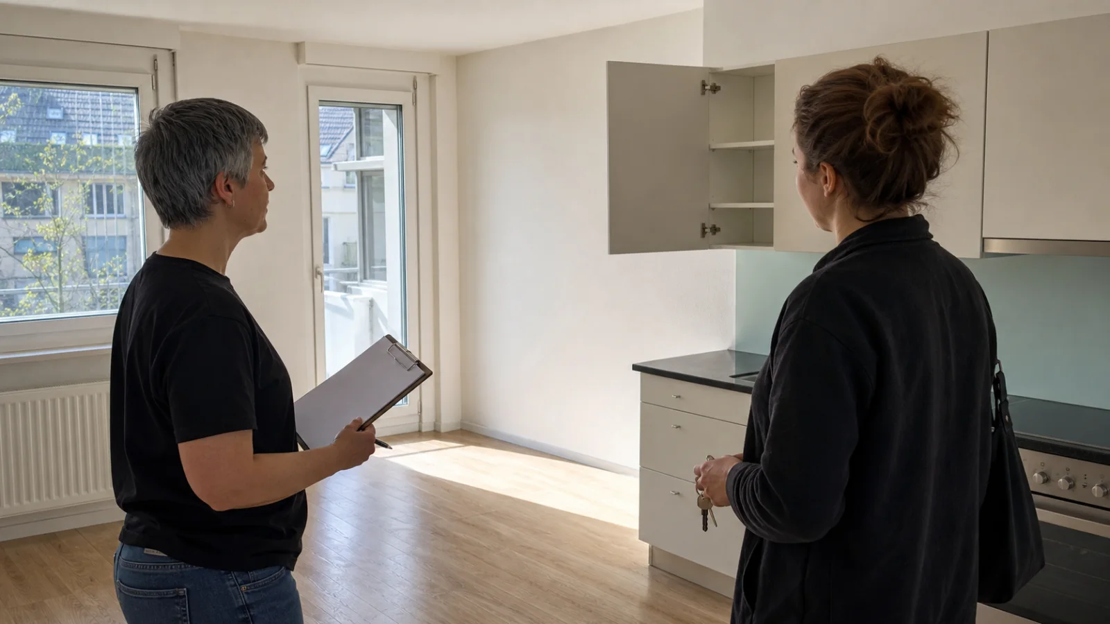 Saubere leere Wohnung mit Schlüssel und Übergabeunterlagen für die Wohnungsabgabe in Bern.